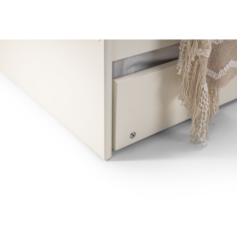 Close-up of a beige cabinet with a textured fabric item on a white background