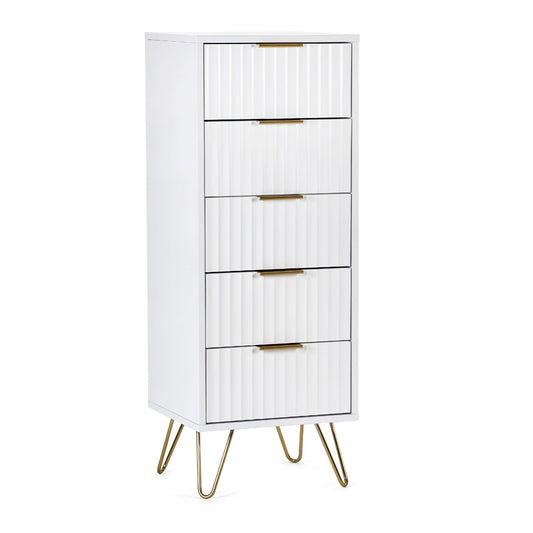 White cabinet with gold legs and drawers on a white background
