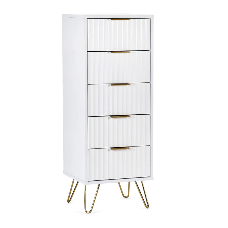 White cabinet with gold legs and drawers on a white background