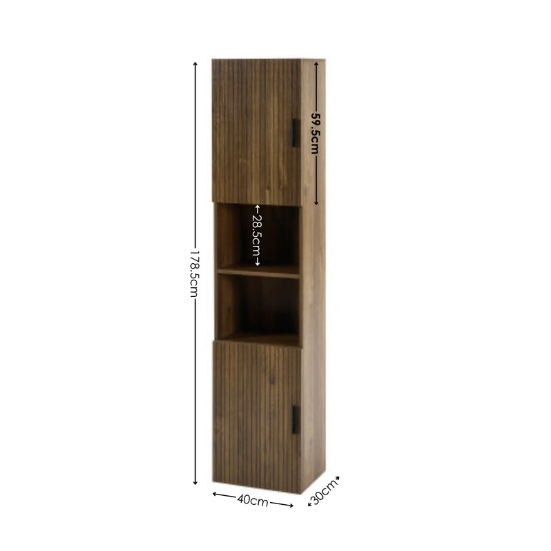 Wooden cabinet with dimensions indicated on a white background
