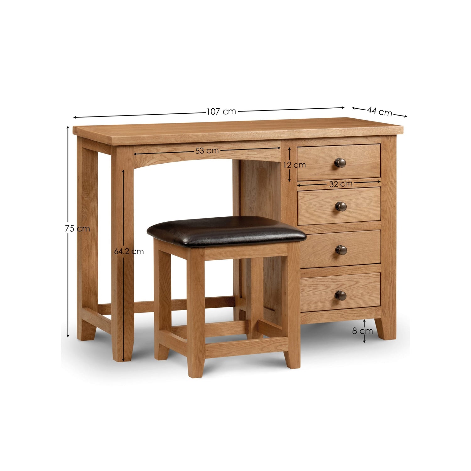 Wooden desk with dimensions labeled on a white background