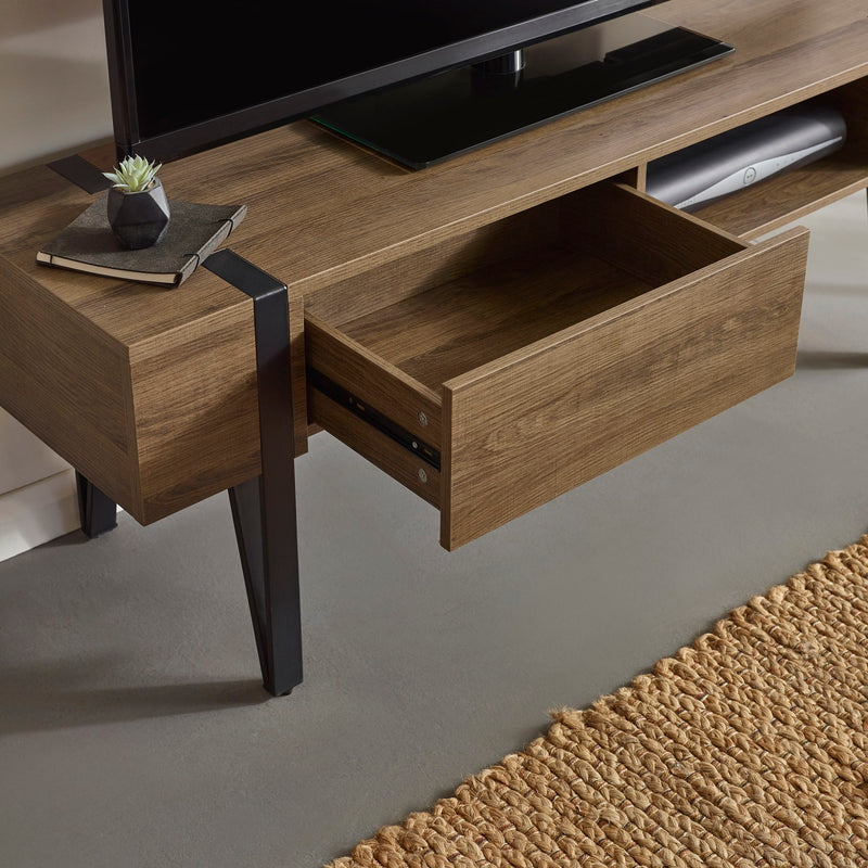Wooden TV stand with a drawer open, displaying a modern interior design.