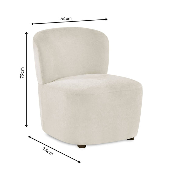 Beige armchair with dimensions labeled on a white background