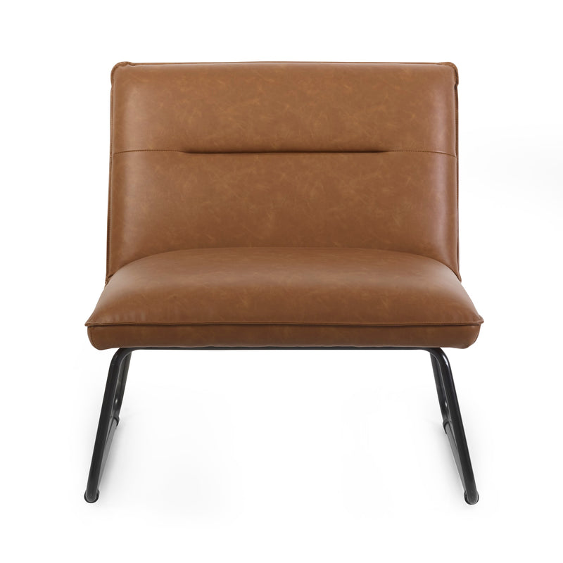 Brown leather chair with black metal legs on a white background