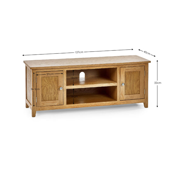 Wooden TV stand with dimensions on a white background