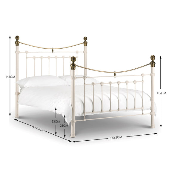 White metal bed with gold accents and dimensions displayed on a white background