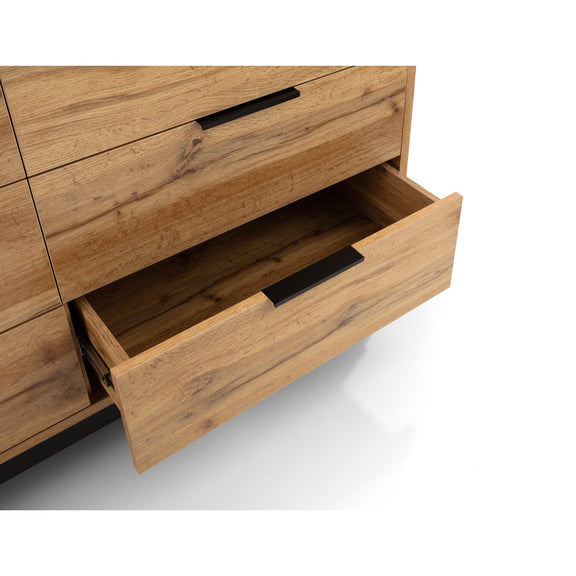 Wooden dresser with open drawer on a white background