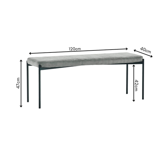 Gray bench with dimensions labeled on a white background
