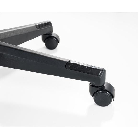 Black metal frame with wheels on a white background