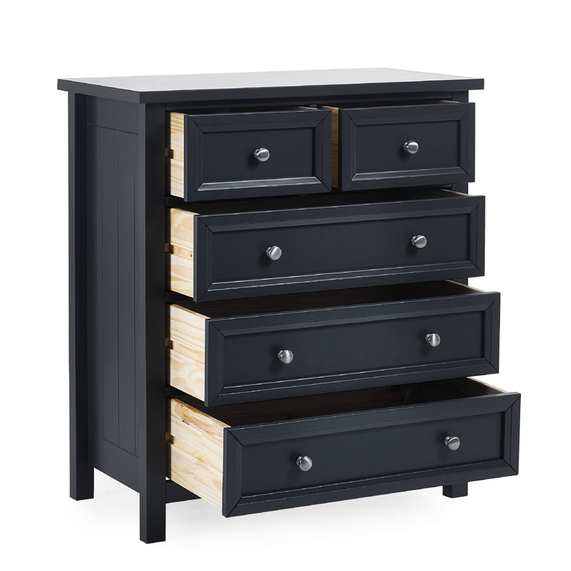Black dresser with wooden drawers on a white background
