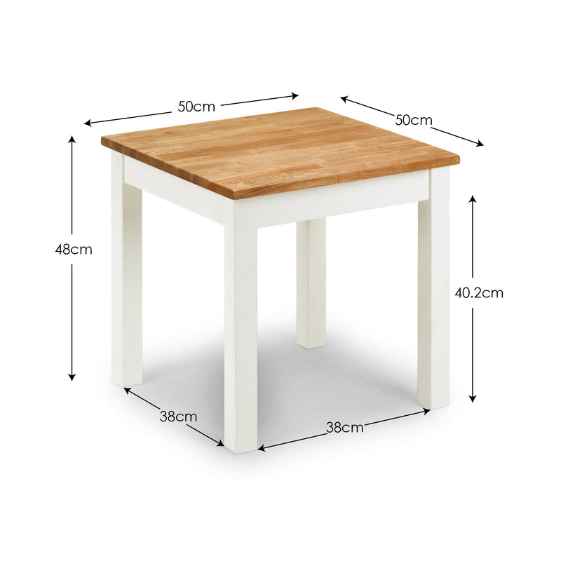 Small table with dimensions labeled on a white background