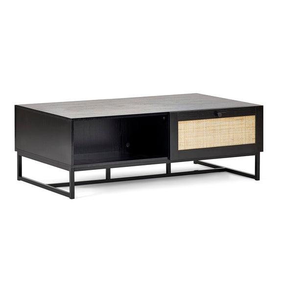Black entertainment console with a woven basket on a white background