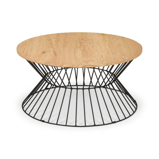 Coffee table with wooden top and black wire base on a white background