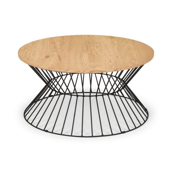 Coffee table with wooden top and black wire base on a white background