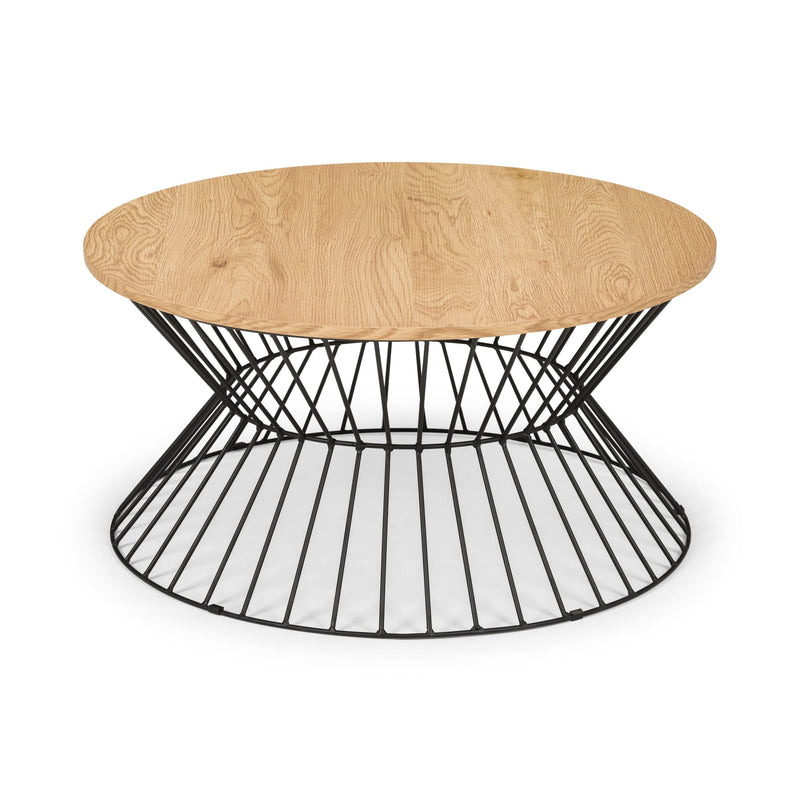 Coffee table with wooden top and black wire base on a white background