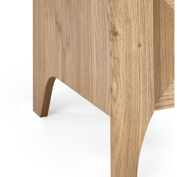 Close-up of oak effect wooden chest leg and side panel