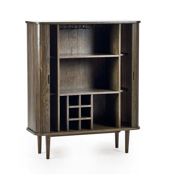 Wooden cabinet with shelves and wine rack on a white background