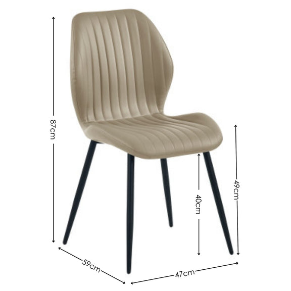 Beige chair with black legs and dimensions labeled on a white background