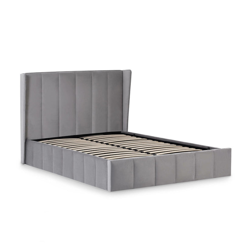 Gray upholstered bed frame on a white background