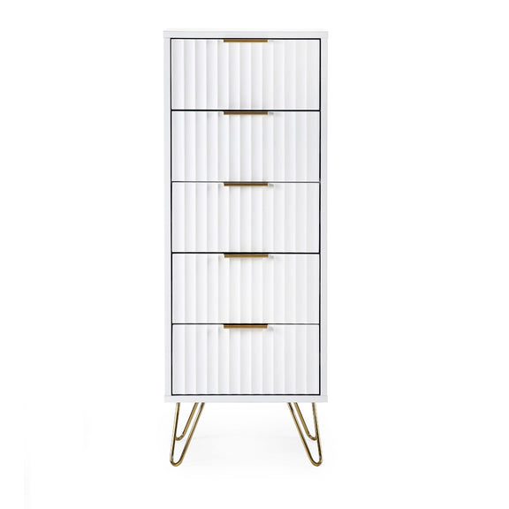 Tall white cabinet with gold legs and handles on a white background