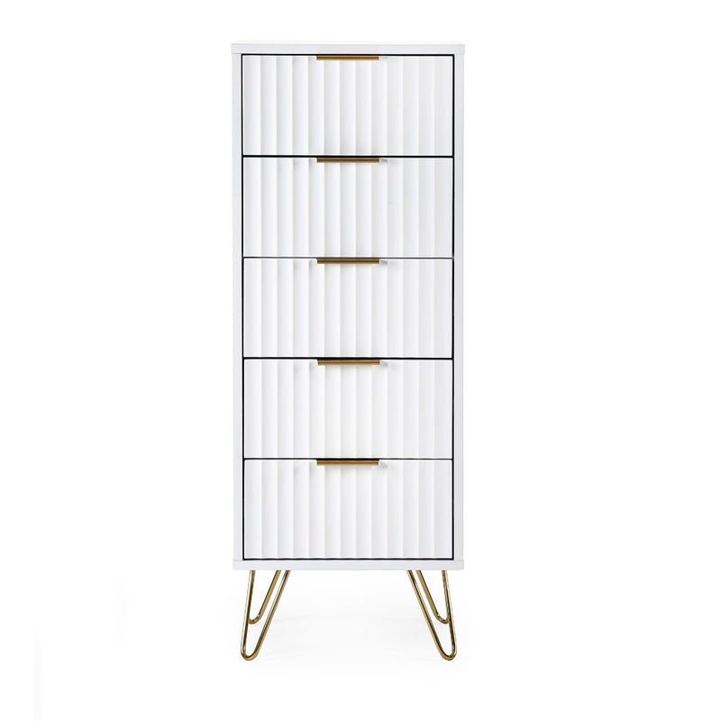 Tall white cabinet with gold legs and handles on a white background