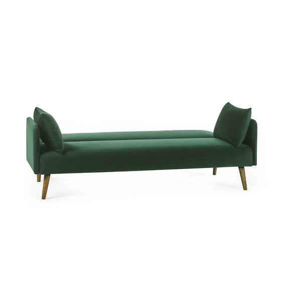 Green sofa with wooden legs on a white background