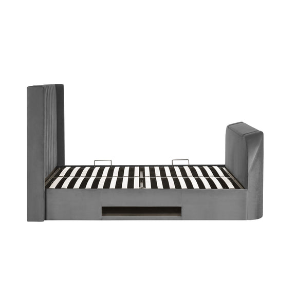 Modern bed frame with striped mattress on a white background