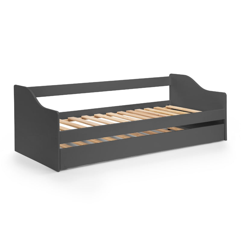Black daybed with wooden slats on a white background