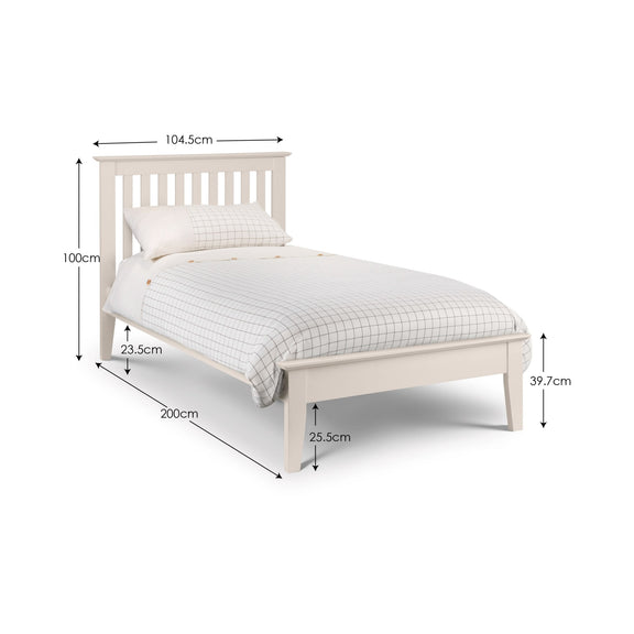 White bed with dimensions marked on a white background