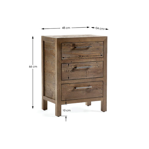 Wooden dresser with dimensions indicated on a white background