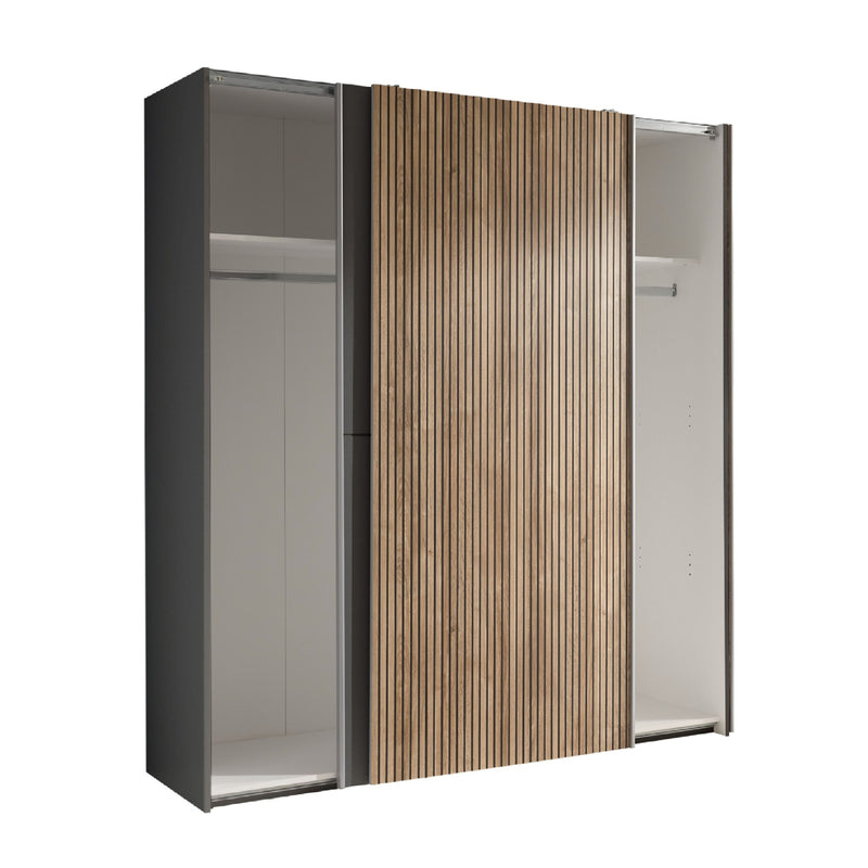 Modern wardrobe with wooden slat design on a white background