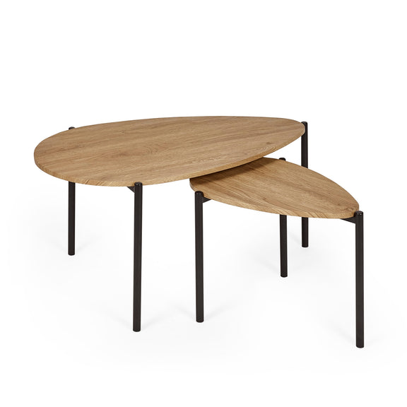 Set of two wooden nesting tables with black metal legs on a white background