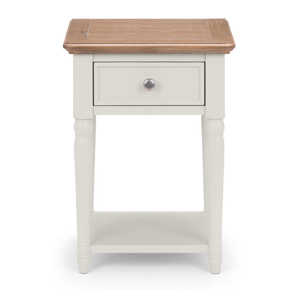 White side table with a wooden top on a white background