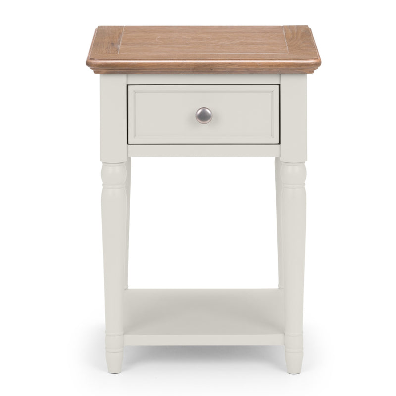 White side table with a wooden top on a white background