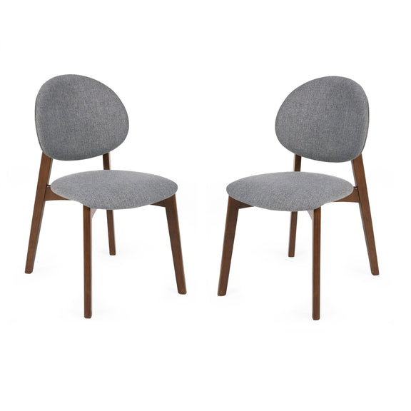 Two gray upholstered chairs with wooden legs on a white background