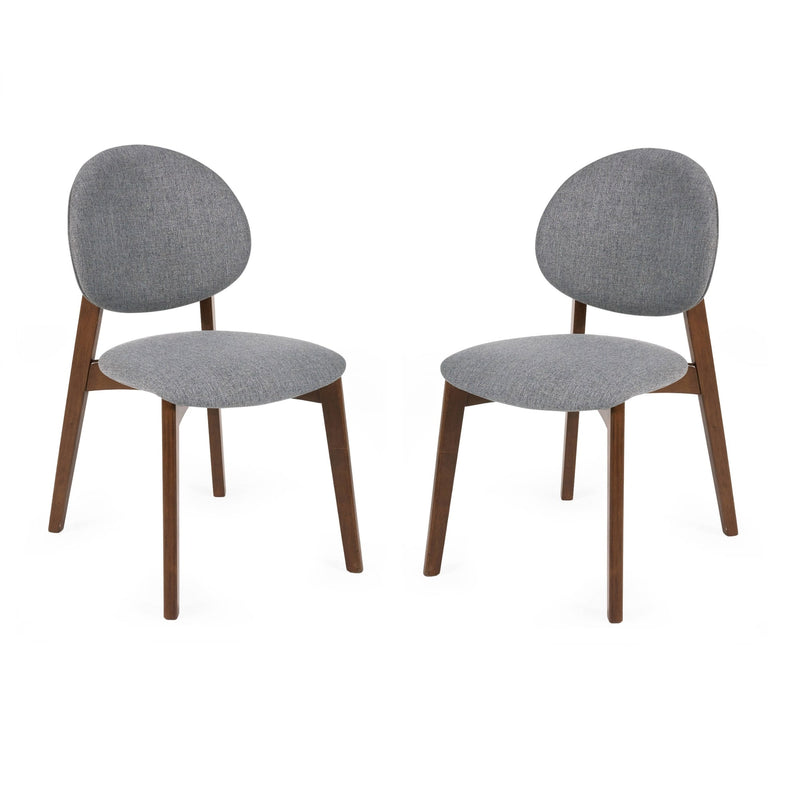 Two gray upholstered chairs with wooden legs on a white background