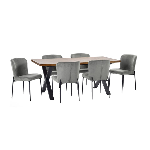 Dining table with six gray chairs on a white background