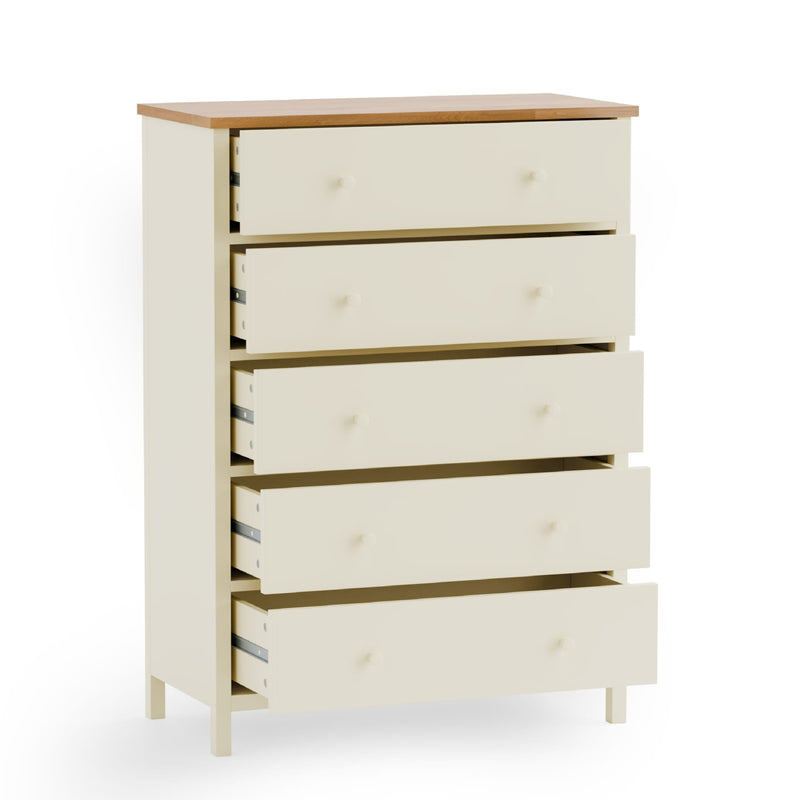 Wooden dresser with five drawers on a white background