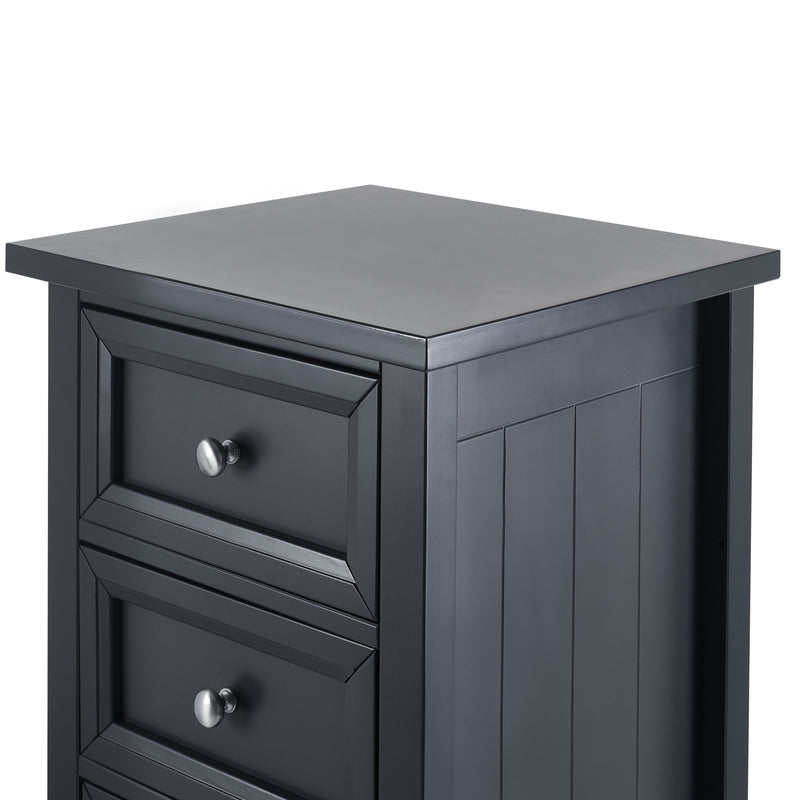 Dark gray nightstand with two drawers on a white background