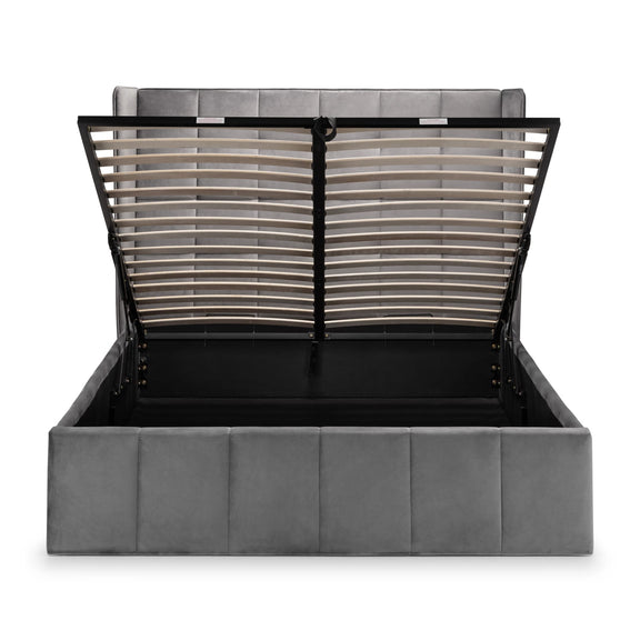 Gray upholstered bed with wooden slat headboard on a white background