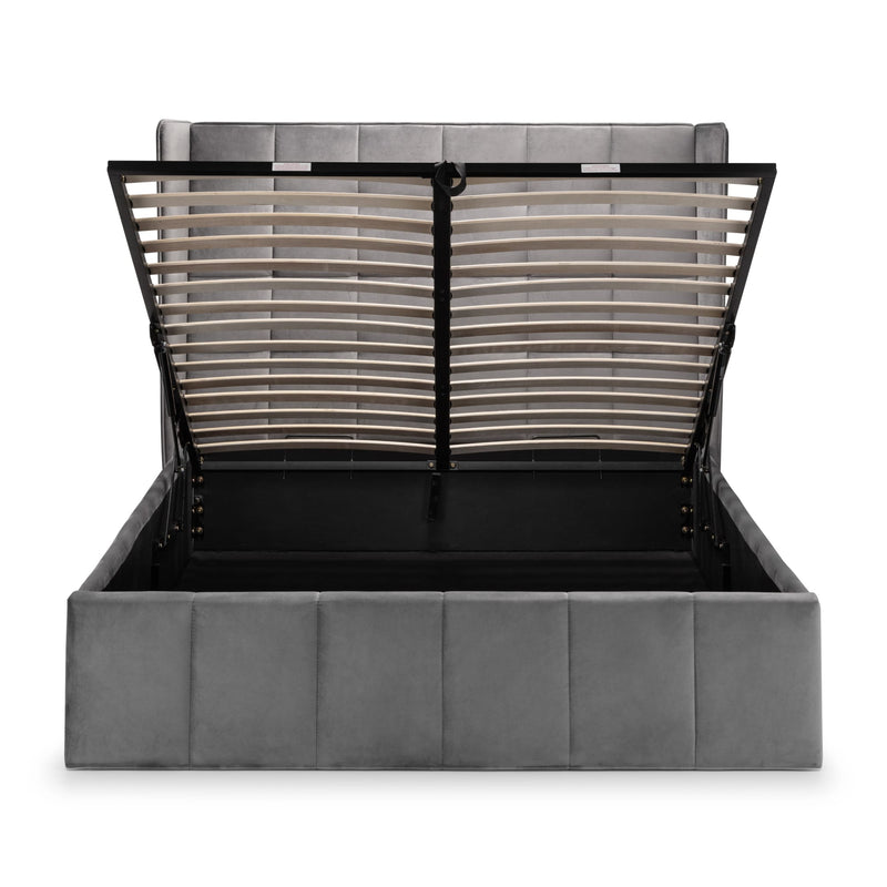 Gray upholstered bed with wooden slat headboard on a white background