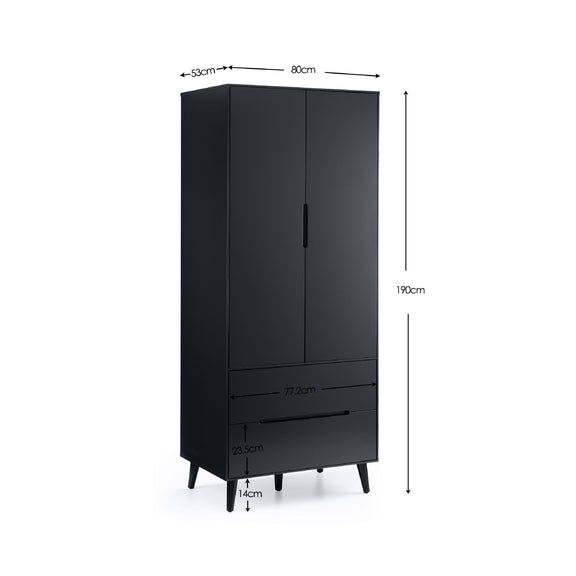 Black wardrobe with dimensions indicated on a white background
