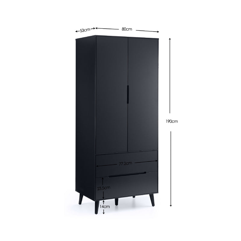 Black wardrobe with dimensions indicated on a white background