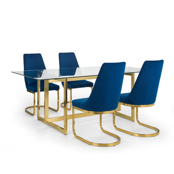 Dining table set with four blue chairs and gold legs on a white background