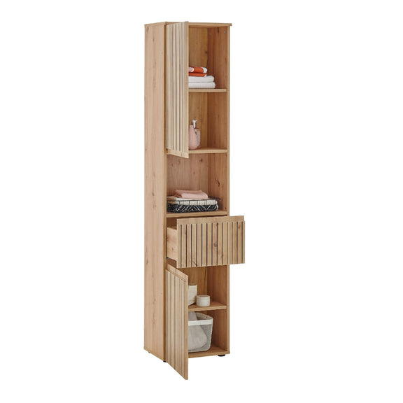Tall wooden cabinet with shelves and a door on a white background