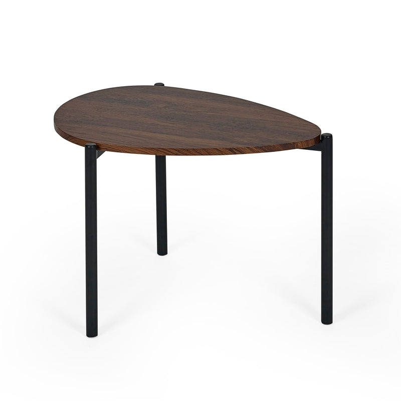 Round wooden table with black metal legs on a white background