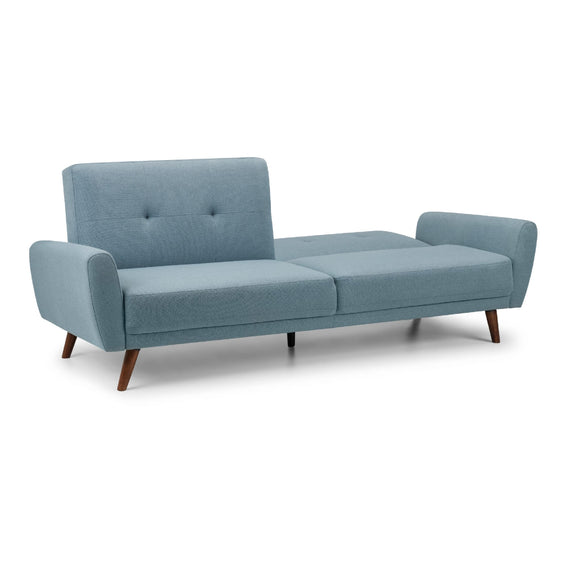 Blue sofa with wooden legs on a white background