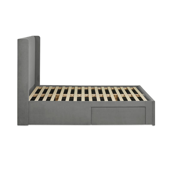 Gray bed frame with wooden slats on a white background