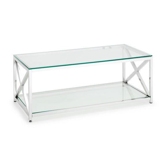 Glass coffee table with metal frame on a white background