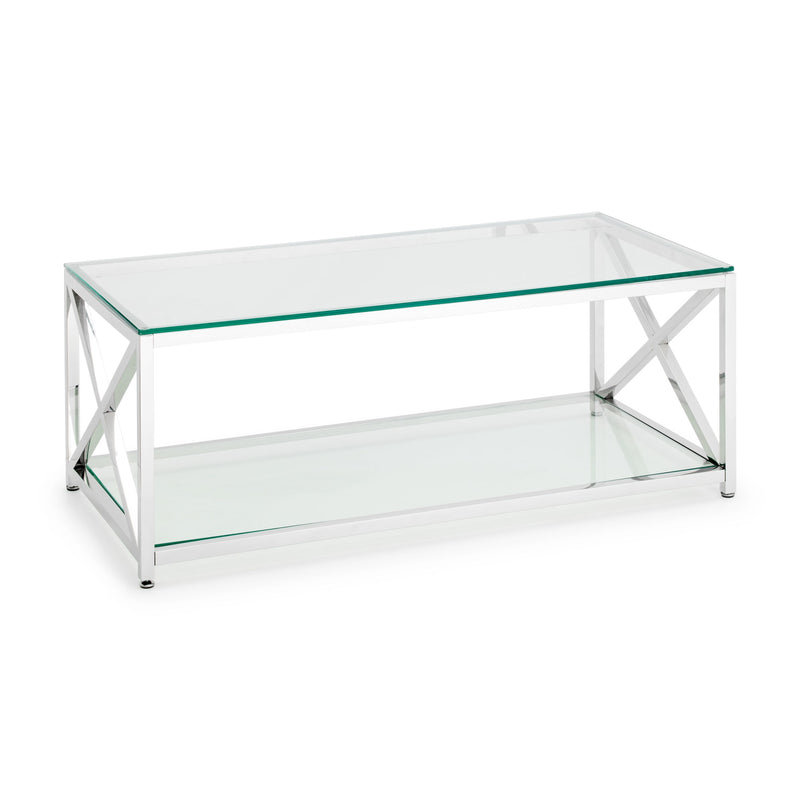 Glass coffee table with metal frame on a white background